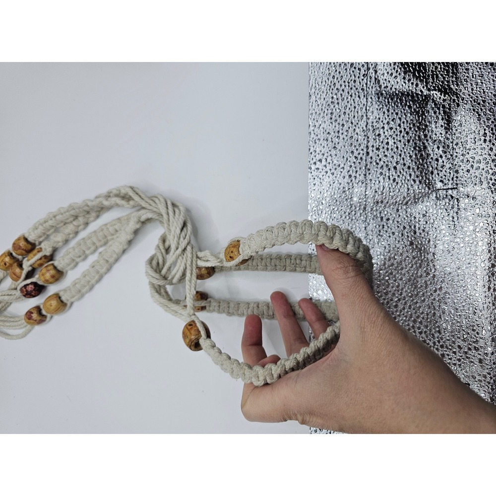 Vintage Macrame Plant Hanger Boho Cream Cotton Rope Wood Beads 35 Inch Indoor - Picture 4 of 4
